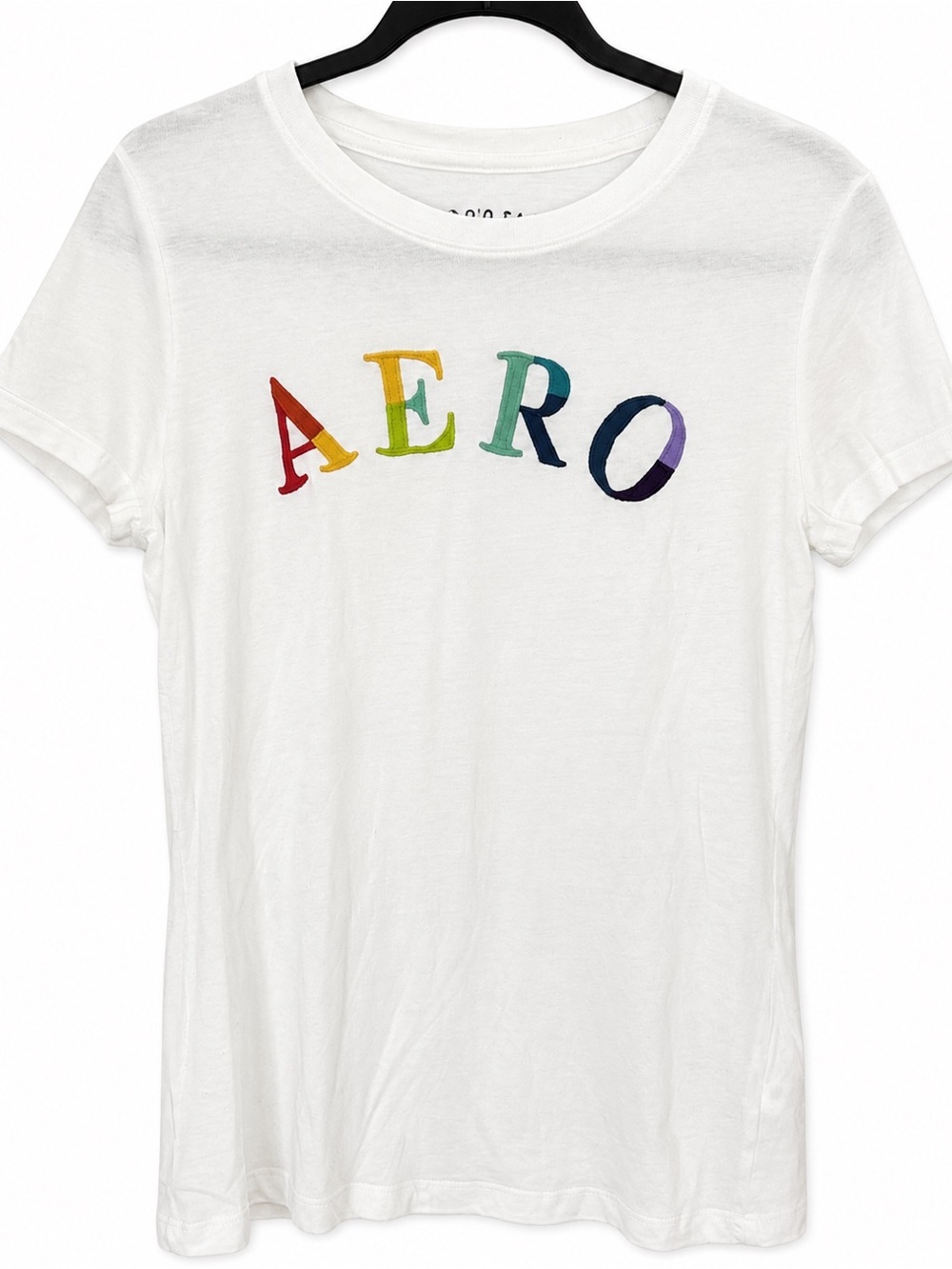 Aeropostale Aero Rainbow Embroidered Logo Graphic T-Shirt White Crew Neck Size L